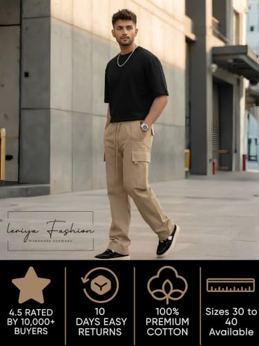 Image of Leriya Fashion Men's Cargo Pants | 6 Pocket Cotton Cargo Joggers for Men | Loose Fit Stylish Pant with Pockets | Casual Baggy Trousers & Streetwear Lower