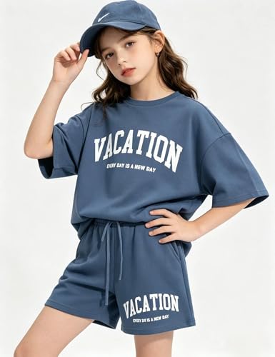 Image of Size 6-12 Years Girl's Tracksuit Sets 2 Piece Outfits Letter Print Vacation Tee Top and Drawstring Waist Shorts