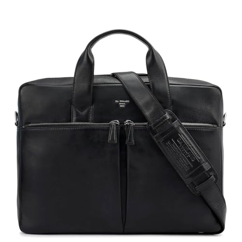 Image of Da Milano Genuine Leather Laptop Bag for Men & Women | Black Office Briefcase Fits 14 inch Laptop | Professional Work Bag with Card Slots, Zip Pockets & Detachable Shoulder Strap