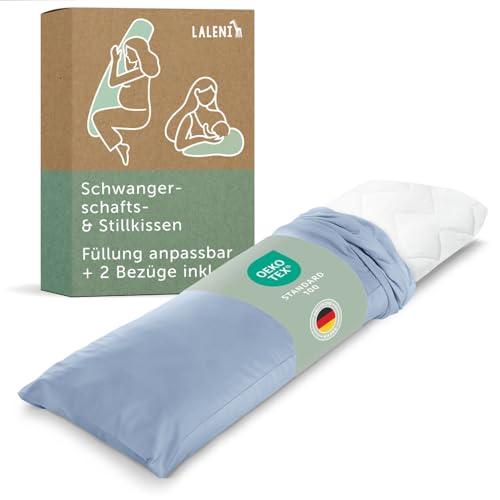 Laleni Almohada de Embarazo 40x145 cm + 2 Fundas, Cojín de Lactancia Oeko-Tex, Almohada para Dormir de Embarazo, Almohada de Soporte para Dormir Lateral + 2 Fundas en Azul Claro