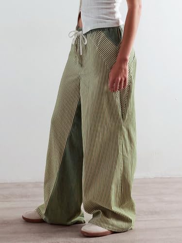 Low Rise Striped Pants for Women Pull On Drawstring Boho Wide Leg Jeans Trendy 20253