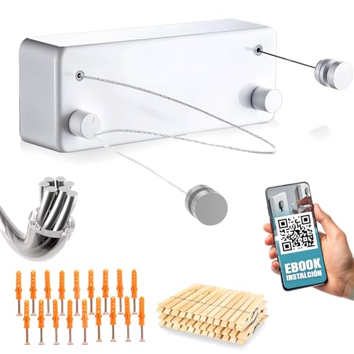 VITALIF® Super Tendedero Retráctil Pared Doble | 2 Cuerdas Acero 5.2m Cada una | Aluminio y PVC Premium | Soporta 25 kg | Tendedero Extensible de Pared con 24 Pinzas y Accesorios | Blanco Minimalista