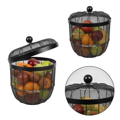 Image of Decorative Insect-Resistant Fruit and Vegetables Basket with Lid | Countertop Mesh (Jaali) Design Fruit Storage Basket for Kitchen, Dining Table, Living Room - Black