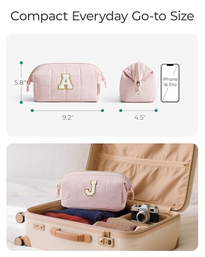 Image of BAGSMART Birthday Gifts Personalized Initial Makeup Bag, Trendy Stuff Gifts for Women Bridesmaid Graduation, Puffy Padded Make Up Bags for Women, Wide-open Toiletry Bag, Pink K