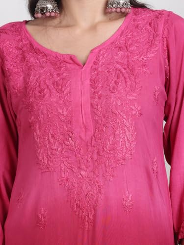 Image of Women's Luxe Lucknowi Chikankari Hand Embroidered Rayon Dyed Kurti Palazzo Dupatta Set - Designer Ethnic Wear for Wedding, Festive & Party Occasions