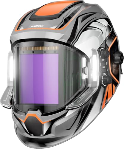 ANDELI Maschera per saldatura con luci, vista panoramica a 180°, 9,94 x 3,74 cm, casco per saldatura, oscuramento automatico, colore reale, con 4 sensori ad arco, casco per saldatura da uomo per