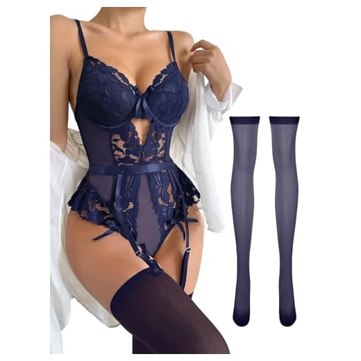 Lilosy Conjunto De Lingerie Sexy Com Meia-Calça Renda E Top Aro, Liga, 3 Peças, Laços Push Up, Floral, Transparente, Babydoll Feminino, Pelúcia, Azul Marinho, Extra Grande