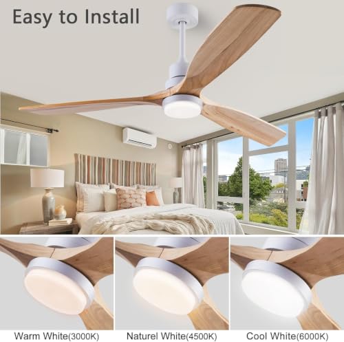 Image of QUTWOB 56 inch 3-Blade Wood Ceiling Fan with Light & Remote, Indoor Outdoor | solid natural wood blades, quiet dc inverter motor, 6-speed reversible remote, 3-color led, for indoor outdoor living room