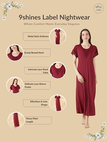 Image of 9shines Label Stylish Soft Modal Maxi Nighty | Honeymoon Nighty | Full Length Trendy Nightgown | V-Neck Lace | Premium Nightdress | Soft Long Nightdress | Maxi Gown Nightwear for Women (Malai Satin)