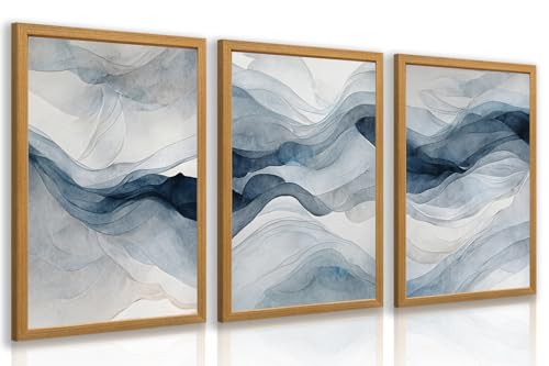 IAFWZX Wood Framed Blue Gray Abstract Wall Art, Modern Minimalist
