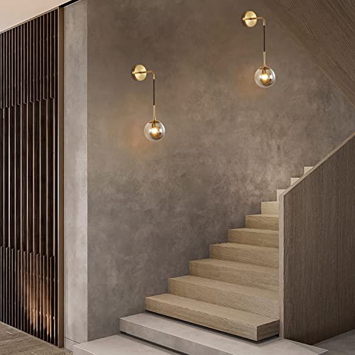 Image of KCO Lighting Modern Glass Globe Wall Sconce Minimalist Gold Wall Mounted Sconce Light with Smoke Grey Lampshade Round Wall Lamp for Bathroom Mirror Bedroom (Smoke Grey-2PC)