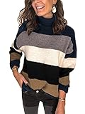 ORANDESIGNE Pullover Damen Rollkragenpulli Langarm Gestreifter Pullover Lose Patchwork Pullis Rollkragen Strickpullover Tunika Winter Oversize Oberteile A Blau XL