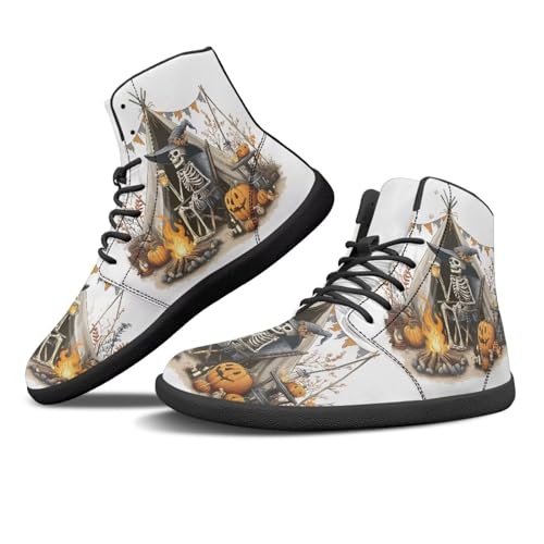 Binienty Halloween Skull Camping Print Barefoot Waterproof Exploration Shoes for Men Women High Tops Lace Up Fashion Walking Shoes PU Leather Comfort Casual Winter Boots, US 11.5