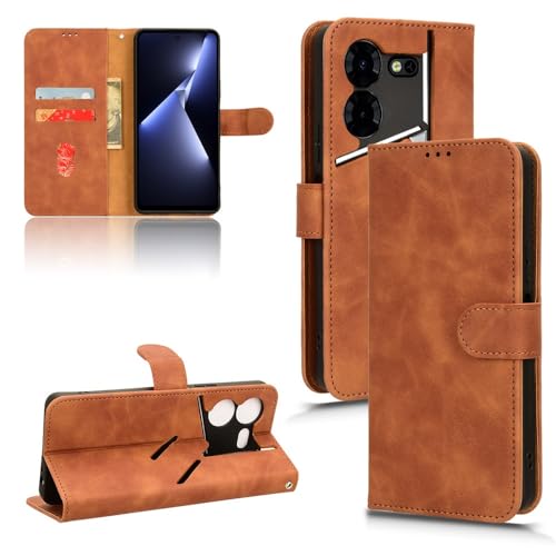 Coque Tecno Pova 5 Pro portefeuille cuir PU marron antichoc avec dragonne