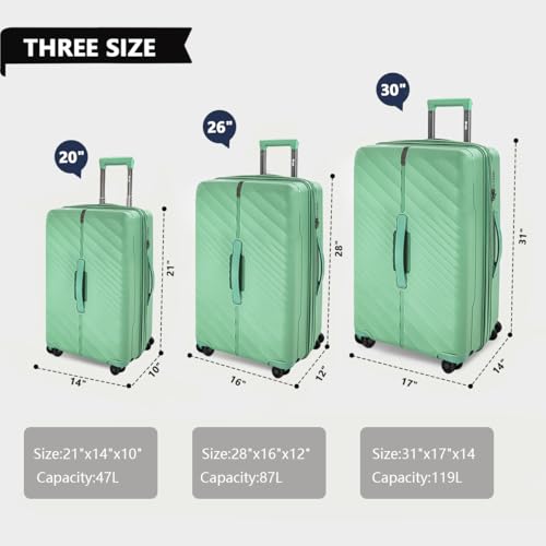 3 Piece Luggage Sets（20/26/30in）Luggage with TSA LOCK,Large Luggage with Spinner Wheels,Travel Luggage for Men Women#Green3