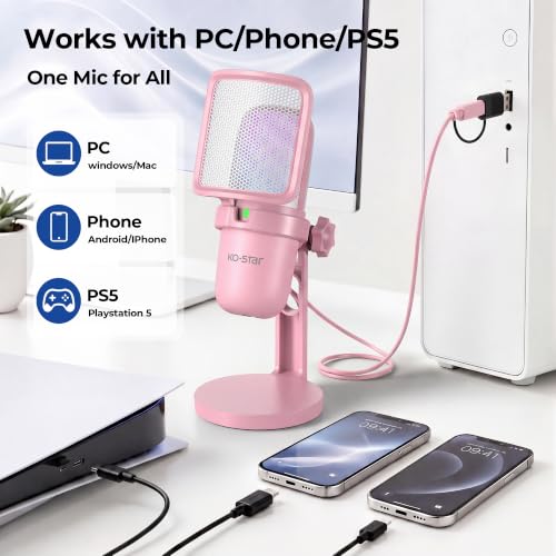 Image of Ko-Star RGB USB Microphone, Pink Gaming Mic for PC, PS5, Laptop, Phone, Condenser Mic with Touch Mute, Pop Filter, Cardioid Pickup, Plug & Play for Streaming, Podcast, Recording, Gaming