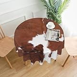 Poream Brown Cowhide Cow Print Tablecloth Round 60 Inch Table Cover Tablecloths Reusable for Kitchen Dining Home Party Picnic Farmhouse Decor (Not Real Cowhide Not Faux Fur)