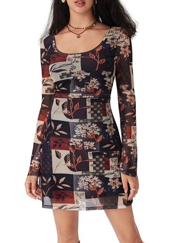 CIDER Women Bell Sleeve Floral Dress Y2k Boho Mesh Mini Dresses Bodycon Fall Fashion Going Out Party Date Night Outfit3