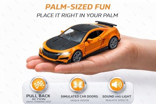 Image of 1:36 Scale Chevrolet Camaro Toy Car - Die-Cast Metal Pull Back Vehicle with Openable Doors, Lights & Music - Sports Model for Kids, Boys & Collectors (Orange)