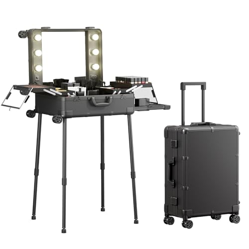 Valise de Maquillage à Roulettes en Aluminium, Grand Miroir avec 6 Ampoules, Organisation de Cosmétiques avec Serrure à Code, Station de Mallette Maquillage...