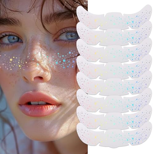 Auiremrti 8 peças remendos de maquilhagem multicolor holográfico para rosto, sardas brilhantes temporárias, remendos de maquilhagem impermeáveis para festivais, remendos de maquilhagem para o Natal
