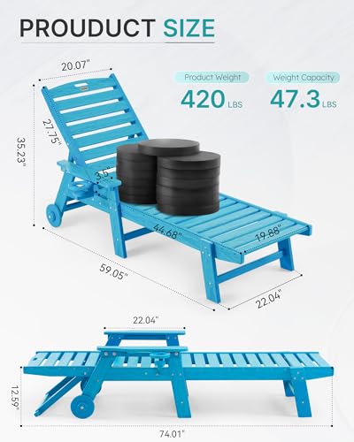 Image of Patio Chaise Lounge Chair Set of 2, Oversize Lounge Chairs with Wood Texture& Rolling Wheels, HDPE 6-Position Plastic Lounge Chairs for Poolside, Patio, Deck, Beach,Pacific Blue