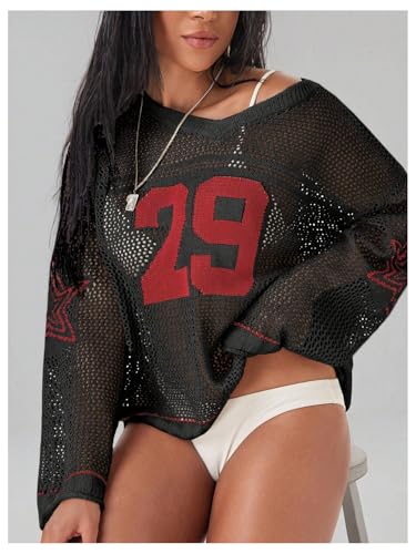 Milumia Women's Number Print Crochet Cover Ups Tops Loose Long Sleeve Knit Sweater2