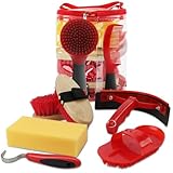 GINDOOR 9 Pieces Grooming Kit with Tote Bag - Brush Set, Sweat Scraper, Sponge, Hoof Pick, Curry Comb for Horse Riders and Beginners (Red)