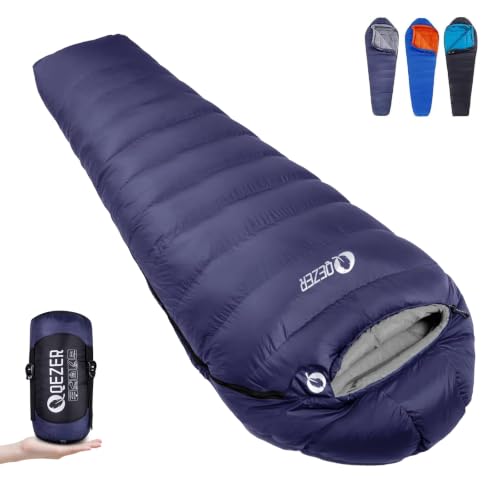 QEZER Down Mummy Sleeping Bag for Adults 54F to 28F Warm Weather Lightweight Compact for Camping Backpacking Hiking Outdoor Sleeping Bag with 600 Fill Power Down