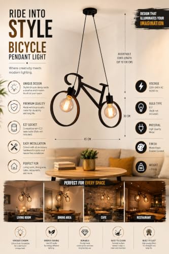Image of Bicycle Pendant Light Fixture, Industrial Vintage Bike Chandelier, Retro Iron Hanging Ceiling Lamp with 2 E26 Sockets for Kitchen Island, Dining Room, Bar, Coffee Shop, Restaurant (Bulbs Not Included)