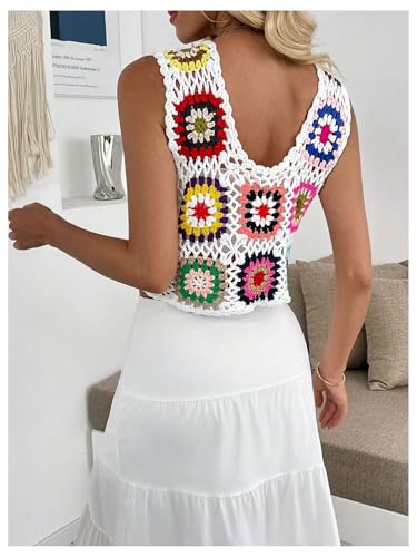 Verdusa Women's Boho Floral Hollow Out Tied Sweater Vests Crochet Cropped Cardigan2