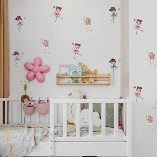 Image of Fairy Wall Stickers for Girls Nursery Bedroom - Watercolor Ballet Dancing Fairies Decals in Pink Green Yellow Tutus for Kids Room - Removable Waterproof Non-Toxic Self Adhesive Magical Wall Art