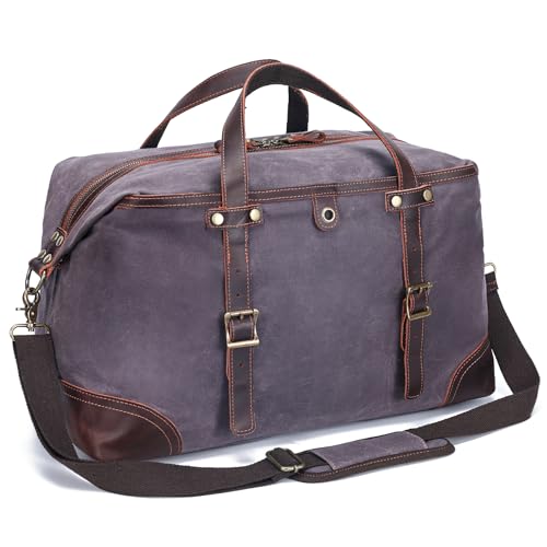Large Capacity Waterproof Waxed Canvas & Genuine Leather Travel Duffel Bag,TSA Friendly - Grey