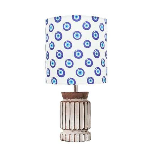 Image of Homesake Retro Farmhouse Table Lamp for Living Room Bedroom Rustic Linen Bedside Nightstand Lamps for Kids Room Study Office Wood, Home Decoration Carved Cylinder, (Evil Eye)