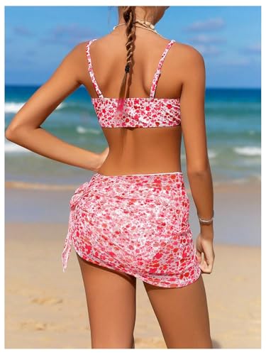 Image of OYOANGLE Girl's 3 Piece Bikini Sets Floral Print Spaghetti Straps Cute Swimsuits with Beach Skirt Bathing Suits