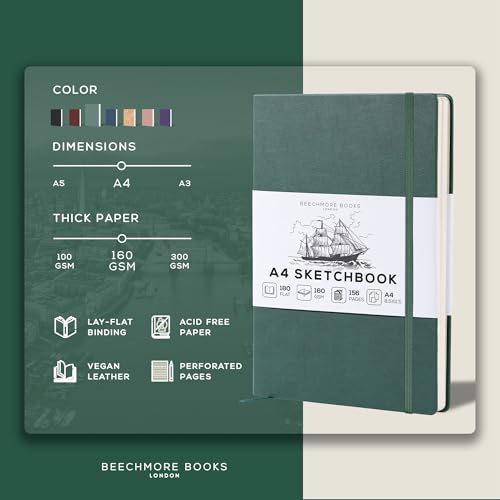 BEECHMORE-BOOKS-Sketch-Book-A4-85-x-115-inch-Blank-Sketchbook-for-Drawing-Paint-and-Draw-156-Pages-Thick-Paper-160gsm-Hardcover-Leather-Art-Notebook-Boxed-for-Gifts-Dartmouth-Green