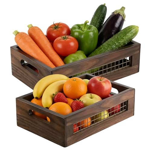 Genérico Cesta de Frutas de Madera, Juego de 2 Cajas con Estilo Rústico, Organizadores de Almacenamiento, Para Cocina Despensa Baño Estantería Pan Fruta Verdura Productos Frescos