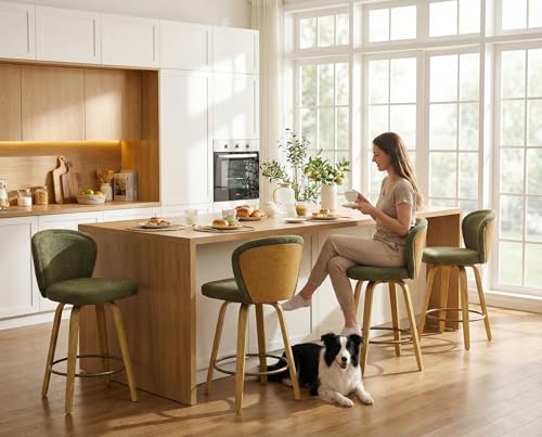 Image of HNY Swivel Counter Height Bar Stools, 26 Inch, Green, Set of 4 | Natural Wooden Leg and Back, Modern Chenille Upholstered, For Kitchen Island