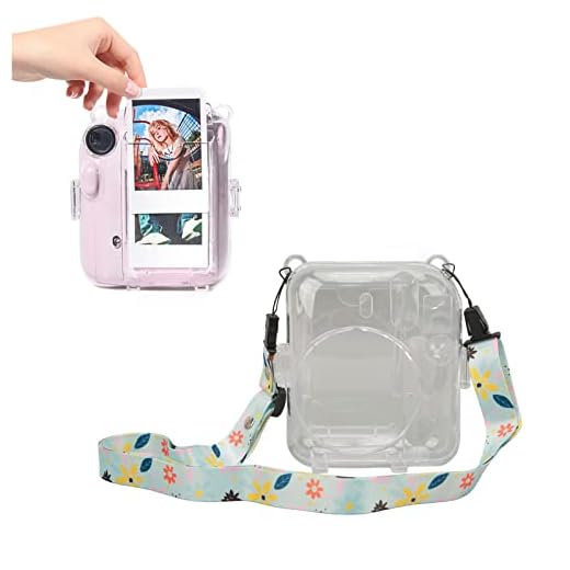 Estojo Transparente Protetor para Fujifilm Instax Mini 12, Capa Rígida Protetora para Câmera Estojo Transparente para Câmera Instantânea Com Adesivo de Alça de Ombro Ajustável (Verde)