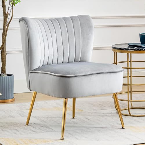 Ya-Home Fauteuil de Salon Confortable en Velours Fauteuils avec Pieds Dorés et Siège Épais Fauteuil de Coiffeuse Scandinave,Gris