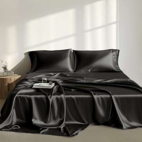 Image of Madison Park Essentials Satin Sheets Twin Size Bed Set, 4 Piece, Black | Luxury and Smooth Silky Bedding with Natural Sheen, All Around Elastic 14 inch Pocket fits up to 16 inch Mattress, Year-Round Cozy
