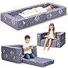 FRUITEAM 3-in-1 Portable Toddler Travel Bed, Flip Open Sofa Lounger with High-Density Foam for Camping & Indoor/Outdoor Use, Convertible Machine Washable Space Planet Galaxy Print Cover, Gray