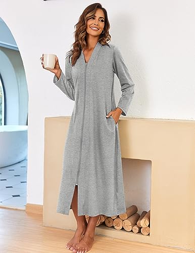 Ekouaer Women Zipper Robe Long Sleeve Loungewear Lightweight Housecoat Full Length Nightgown with Pockets2