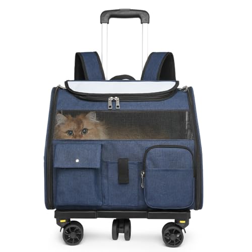 CYWOPVEQペットキャリー リュック キャスター付き 猫 猫用 キャリー カート 3 WAY 小型犬 ペットキャリーケース 折り畳み 取り外し可能な車輪 ドライブ 旅行 通院 防災 避難用 (ブルー)