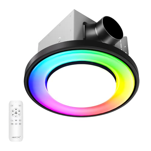 Image of Akicon Bathroom Exhaust Fan with RGB LED Mode, 110 CFM 1.5 Sone Ultra Quiet Bathroom Vent Fan with 3CCT Light & Nightlight, Ceiling Mount, Remote Control, Round (Black)