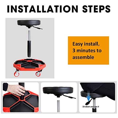 TCE ATRXF8308U Pneumatic Creeper Seat/Padded Adjustable Mechanic Stool with Removable Tool Tray Storage, 300 lb Capacity, Black/Red by TCE - Image 3