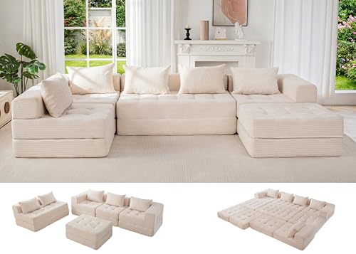 Image of MAXYOYO Modular Sectional Sofa Couch, Foldable U Shaped Cloud Couch with Pillows, Tufted 6-Seat Boneless Lounger Sofa for Living Room, No Assembly Required, Beige