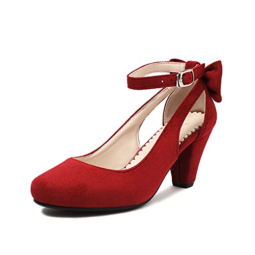 elerhythm Zapatos Mary Jane para mujer con lazo, punta cerrada, estilo vintage, tacón, estilo Gatsby, victoriano, años 1920, de ante sintética, rojo, 37 EU