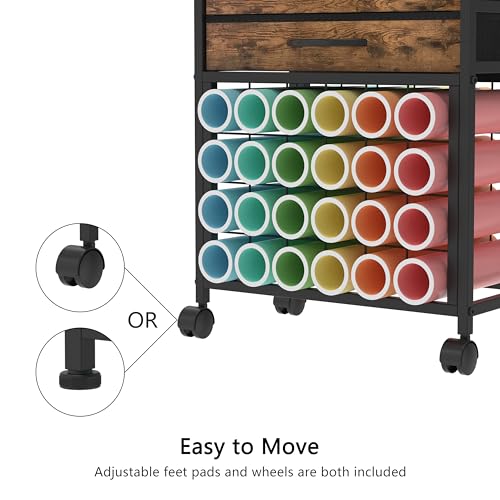Image of VENNQD Organizer and Storage Stand Compatible with Cricut Machines,Rolling Storage Cart /Shelf with 24 Vinyl Roll Holders，2 Fabric Drawer,Accessories Holder,Tool Hook for Craft Room Home (Rustic Brown)