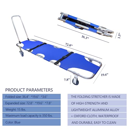 Image of JJFFTAO，Rescue Stretcher，Medical Stretcher，Aluminum 4-Wheel Foldable Stretcher Trolley with Drawbar，Gurney Stretcher can Hold 350 lbs，Used in fire Rescue, Fitness venues, Hospitals, etc
